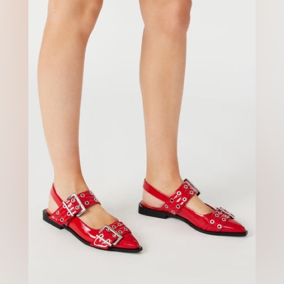 Steve Madden Shoes - STEVE MADDEN Red & Silver Buckle Patent Leather Ganni Pointed Toe Flat Shoes 8